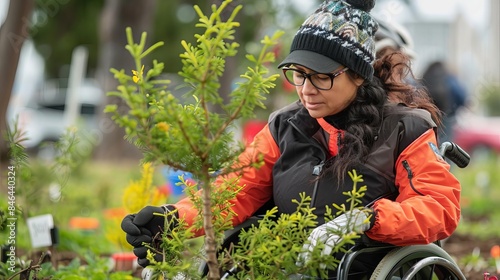 A woman in a wheelchair participating in a tree planting event