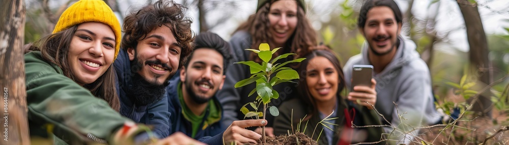 A group of friends taking a selfie with the tree they just planted A group of friends taking a selfie with the tree they just planted