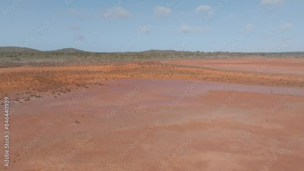 Panning drone clip showing barren Western Australian desert outback with rich orange ground and blue sky Panning drone clip showing barren Western Australian desert outback with rich orange ground and blue sky