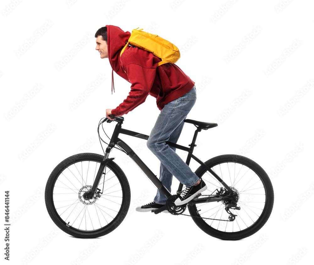 Smiling man with backpack riding bicycle on white background Smiling man with backpack riding bicycle on white background