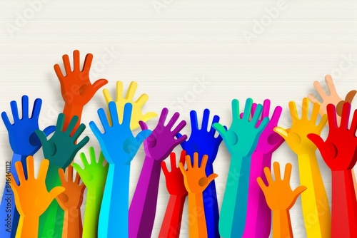 Colorful painted hands raised in celebration, symbolizing diversity, creativity, unity, and the joyful expression of community and inclusion, Gernerative AI