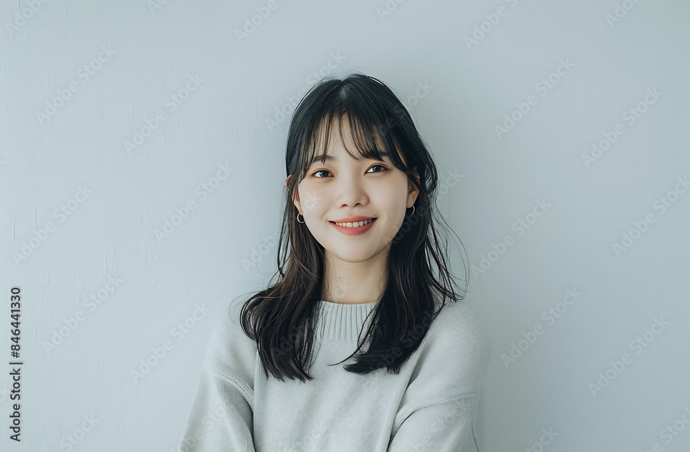 1 photo of attractive Japanese woman her early mid30s smiling looking camera She wearing business casual attire long sleeve light grey color background should white contrast creating professional yet 1 photo of attractive Japanese woman her early mid30s smiling looking camera She wearing business casual attire long sleeve light grey color background should white contrast creating professional yet