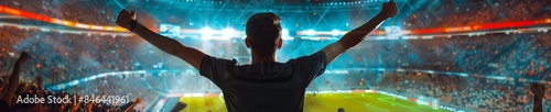 A soccer fan cheering in the stands of an iconic stadium, with his arms raised high and wearing black tshirt. photo