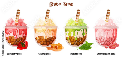 Bubble Teas Set: Strawberry Boba, Caramel Boba, Matcha Boba & Cherry Blossom Boba 