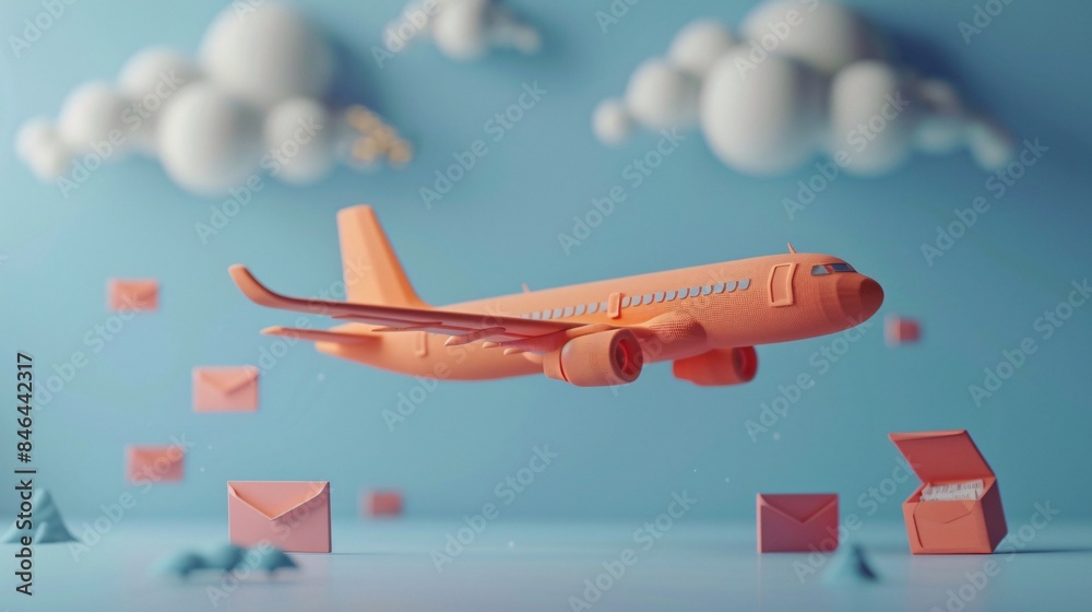 Creative concept of an airplane flying among clouds and envelopes. Ideal for mail service, delivery, or travel themes. Creative concept of an airplane flying among clouds and envelopes. Ideal for mail service, delivery, or travel themes.