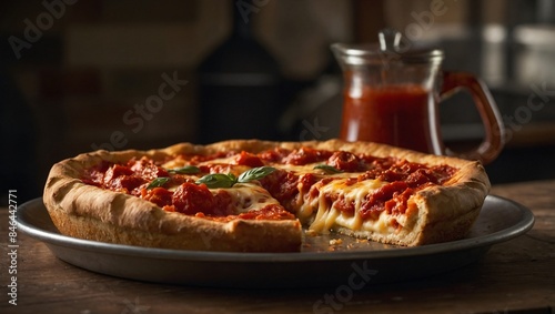 Chicago deep dish pizza advertising photo in a warm traditional kitchen photo