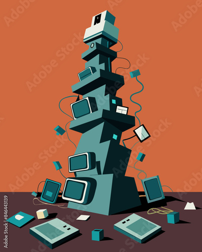 Layers upon layers of discarded computers tablets and headphones form a looming unstable tower threatening to topple over at any moment.. Vector illustration
