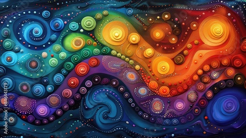 Horisontal abstract illustration of psychedelic colorful swirls and dots, vibrant colors. High quality photo