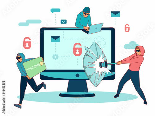 Hackers group hacking computer. Masked men smash cybersecurity, criminals and thieves steal money, data, password hacking, cartoon flat isolated digital vector cybercrime concept