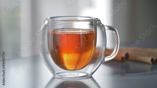 Close-up of a hot beverage in a double-walled glass cup on a reflective surface with cinnamon sticks in the background.