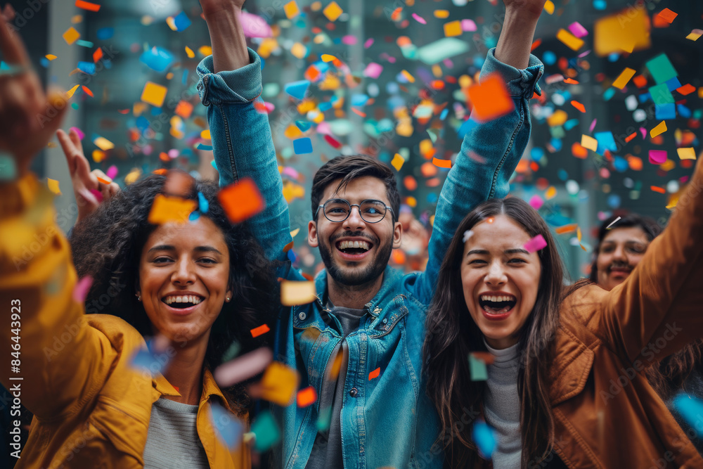 Happy diverse employees team celebrating success business achievement Happy diverse employees team celebrating success business achievement