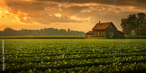 Warm summer sunset over meadows and fields of lush green grass