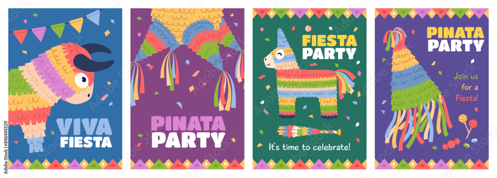 Fototapeta premium Celebrating with pinatas. Traditional mexican carnival decorations, paper containers with confetti, candies for breaking, childish birthday party invitations festival posters, vector cards set