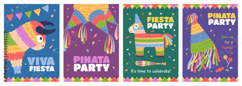 Celebrating with pinatas. Traditional mexican carnival decorations, paper containers with confetti, candies for breaking, childish birthday party invitations festival posters, vector cards set