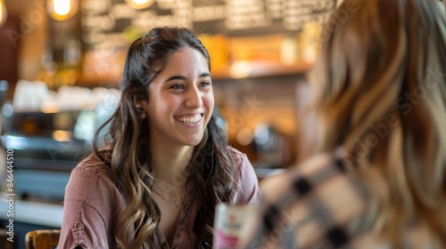 A smiling customer service representative interacts with a client in a casual cafe setting