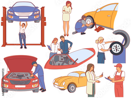 Car repair workers. Auto garage service, mechanics inspect wheels on station, motor, oil and tire change process, equipment and client in workshop, cartoon flat isolated illustration, vector set