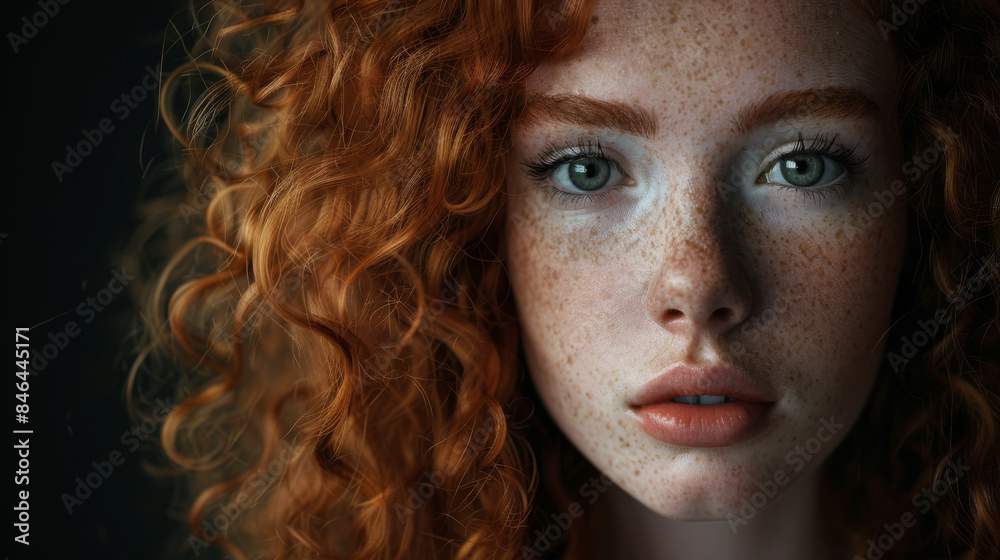 A portrait of a young woman with red curly hair and freckles, her eyes reflecting curiosity and a sense of wonder. A portrait of a young woman with red curly hair and freckles, her eyes reflecting curiosity and a sense of wonder.