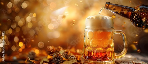 Banner Beer pours into mug glass from bottle wallpaper  background. Generative Ai.