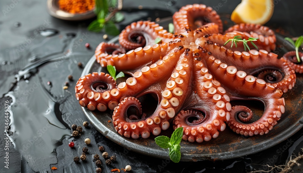 Savory Octopus Delight: Spiced Tentacles on Metal Plate, Enhanced by Herbs on Black Stone Background Savory Octopus Delight: Spiced Tentacles on Metal Plate, Enhanced by Herbs on Black Stone Background
