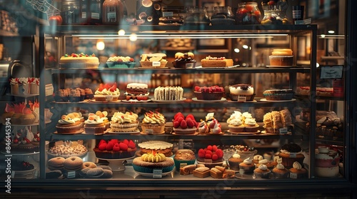The glass display case in front with many different types and sizes of pastries, cakes, cookies, or croissants inside. The scene is set against an urban backdrop, part of a bakery or cafe.
