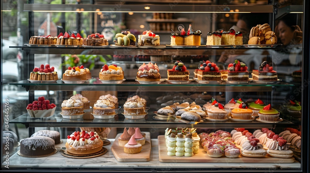 The glass display case in front with many different types and sizes of pastries, cakes, cookies, or croissants inside. The scene is set against an urban backdrop, part of a bakery or cafe. The glass display case in front with many different types and sizes of pastries, cakes, cookies, or croissants inside. The scene is set against an urban backdrop, part of a bakery or cafe.