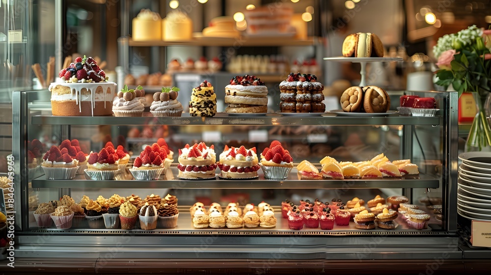 The glass display case in front with many different types and sizes of pastries, cakes, cookies, or croissants inside. The scene is set against an urban backdrop, part of a bakery or cafe.