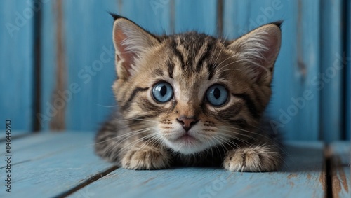 AI generated illustration of a tabby kitten against a blue wooden wall © Wirestock