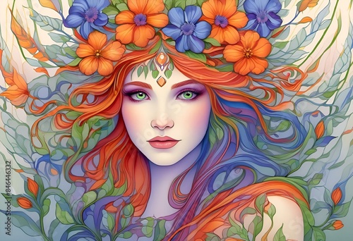 AI-generated illustration of Portrait of a woman adorned with vibrant orange flowers in her hair