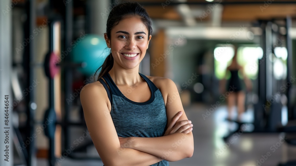 Young Female Fitness Trainer Smiling During Gym Workout, Promoting Health and Wellness, Diverse Fitness Enthusiast, Background Gym Equipment, Exercise Motivation Young Female Fitness Trainer Smiling During Gym Workout, Promoting Health and Wellness, Diverse Fitness Enthusiast, Background Gym Equipment, Exercise Motivation