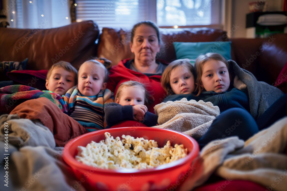 AI generated illustration of a group of children and a woman watching a movie on a couch AI generated illustration of a group of children and a woman watching a movie on a couch