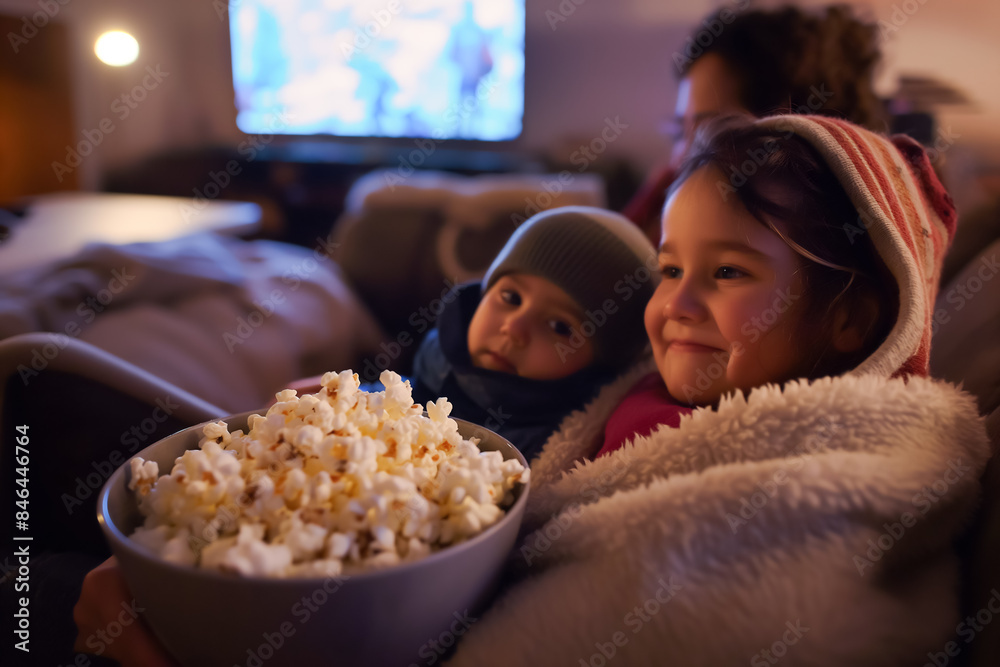 AI generated illustration of two girls wrapped in blankets, watching television and eating popcorn AI generated illustration of two girls wrapped in blankets, watching television and eating popcorn