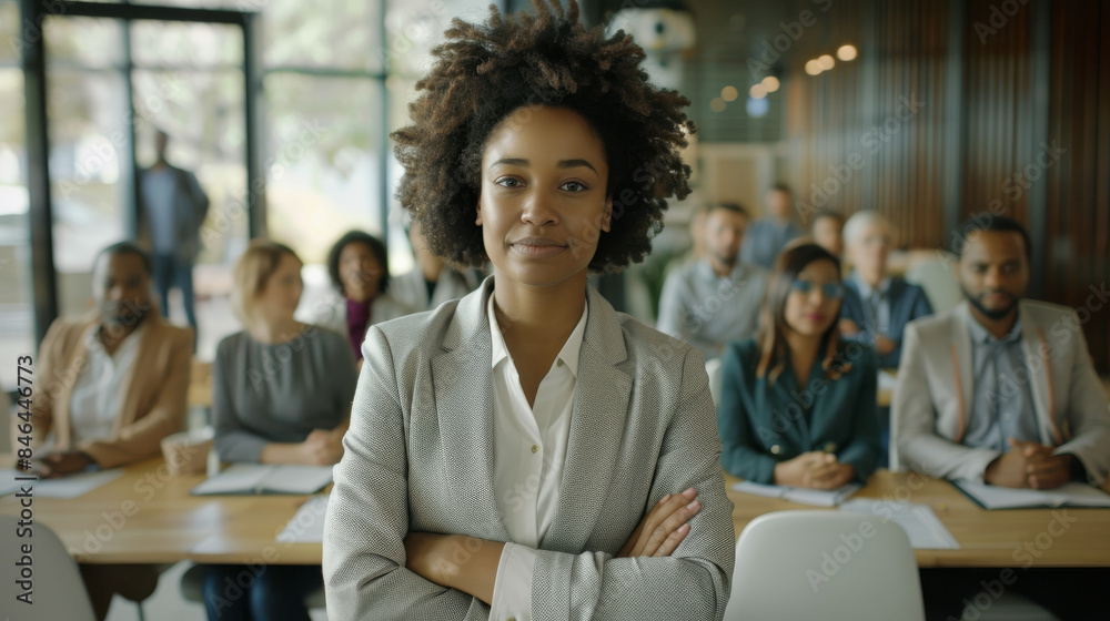 An assured woman in a blazer stands confidently with crossed arms in front of an engaged audience in a spacious and bright seminar room. An assured woman in a blazer stands confidently with crossed arms in front of an engaged audience in a spacious and bright seminar room.