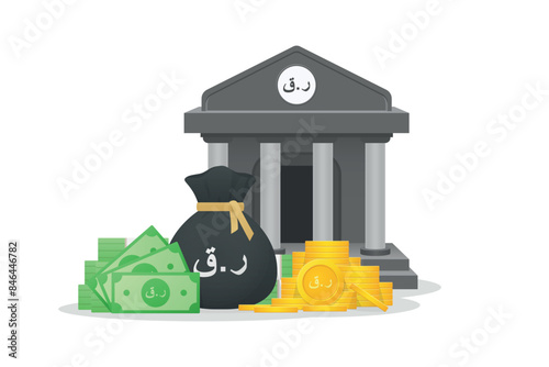 Bank building, gold coins, banknote and bundles of money bag with Qatari Riyal currency sign. Money savings, financial illustration.