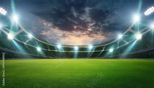 Beautiful sports stadium with a green grass field shines with blue spotlights at night with stars. Sports tournament, world championship