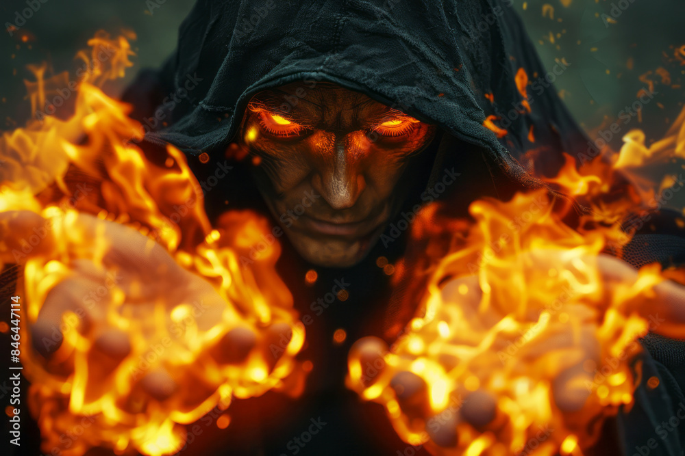 Close-up of a scary fire wizard conjuring flames with glowing eyes in a dark setting