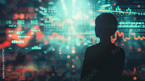 Against a background of illuminated data charts and fluctuating analytics, a person’s silhouette contemplates the dynamics of financial markets and modern information.
