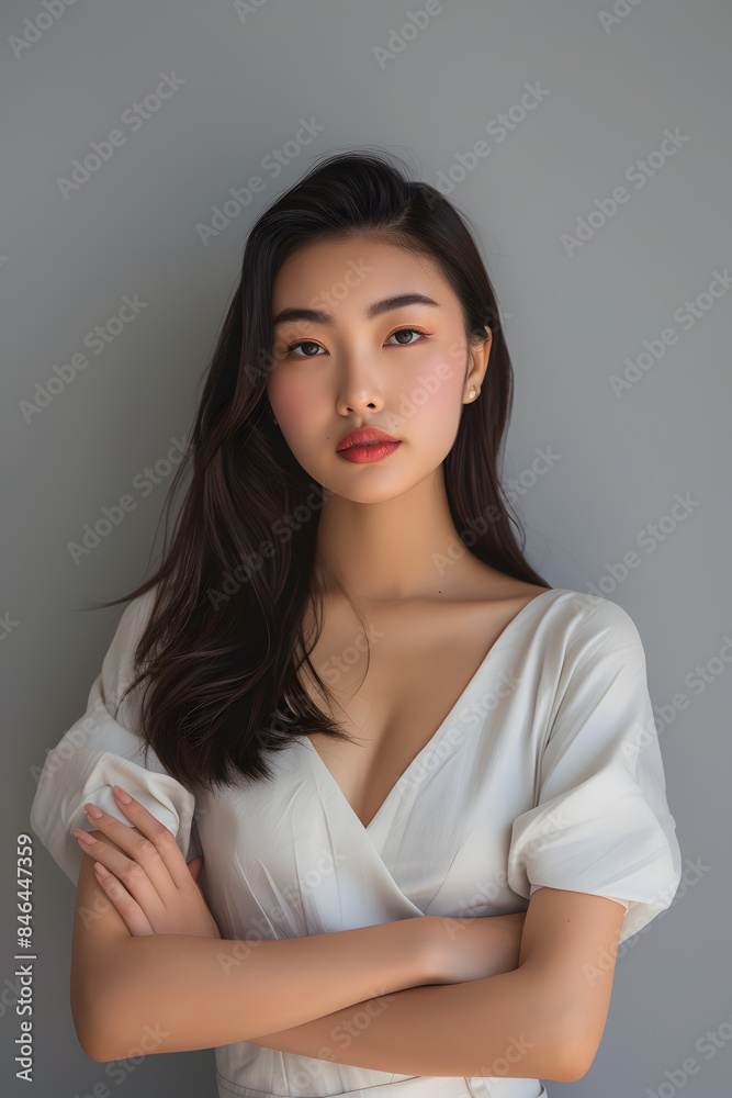 A Asian female model, standing confidently with her arms crossed and a slight smile, dressed in contemporary fashion, against a solid grey background. The lighting is sharp. A Asian female model, standing confidently with her arms crossed and a slight smile, dressed in contemporary fashion, against a solid grey background. The lighting is sharp.