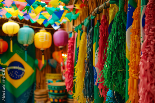 Close-up of colorful Festa Junina decorations with traditional Brazilian lanterns and flags