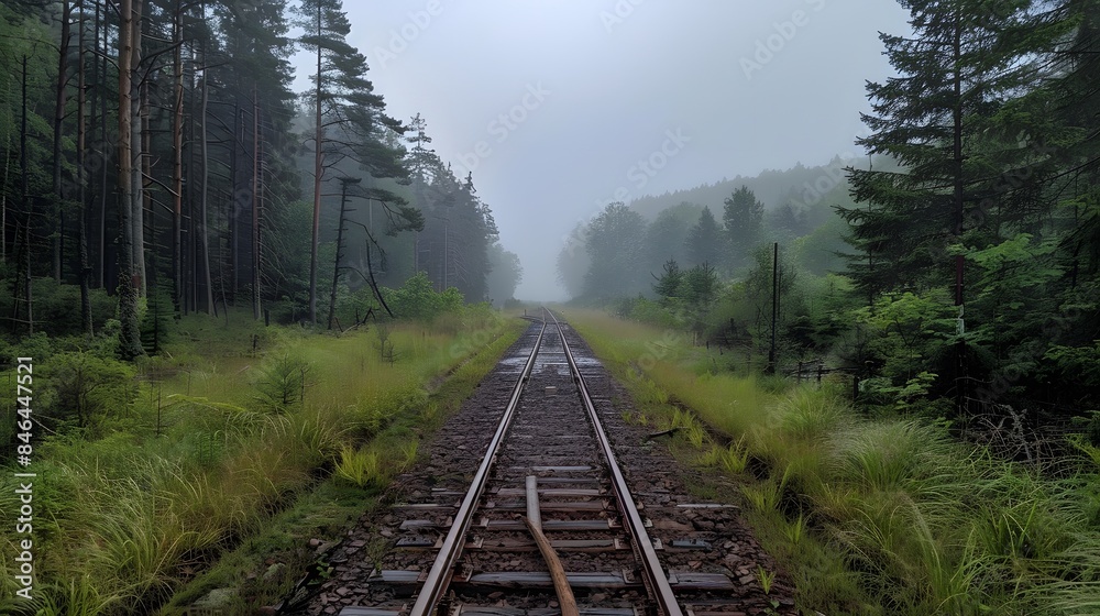 Fototapeta premium An train track running through the forest, with green grass on both sides and tall trees in the background. which run straight ahead into misty distance.
