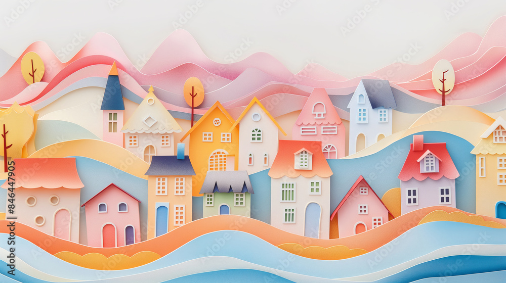 Naklejka premium Colorful paper-cut village with pastel houses and mountains, peaceful community concept