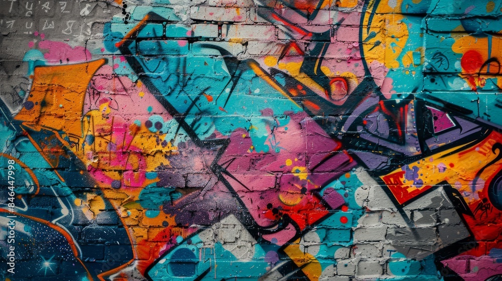 A close-up view of vibrant graffiti art on a brick wall, showcasing bold colors and abstract designs