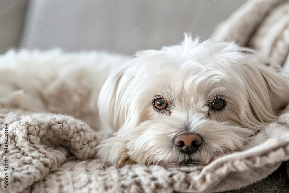 Fluffy white dog resting on a soft blanket, close-up, cozy pet concept Fluffy white dog resting on a soft blanket, close-up, cozy pet concept