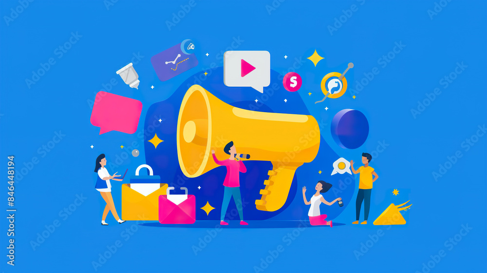 large loudspeaker illustration with little people. customer magnet for a marketing agency. large loudspeaker illustration with little people. customer magnet for a marketing agency.