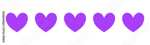 Five purple hearts for ratings and reviews, isolated on a transparent background