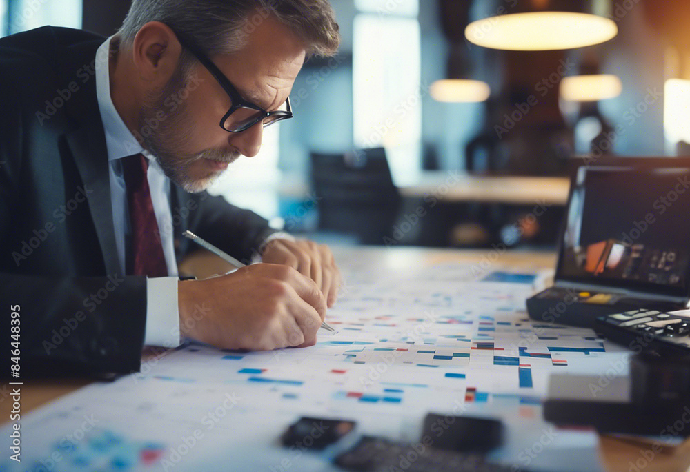 a man in a suit is doing a business check with a calculator a man in a suit is doing a business check with a calculator