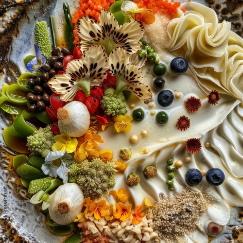 A close-up of a dish with ingredients arranged to resemble a painting. Job ID: 7cd01a5b-2c42-4231-b0bb-e23a3d58345c