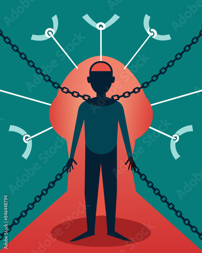 Wrapped in chains with tactics of psychological control etched into each link a person feels ped and unable to break free from the grips of manipulation.. Vector illustration