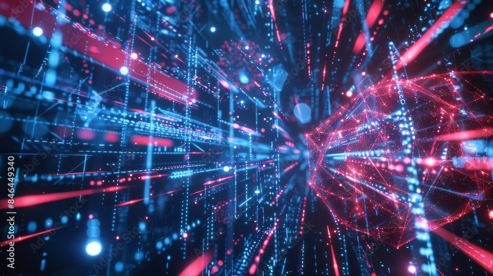 Fototapeta premium Digital bursts of red and blue light forming a complex, high-tech network, illustrating data transmission and the intricate web of information.