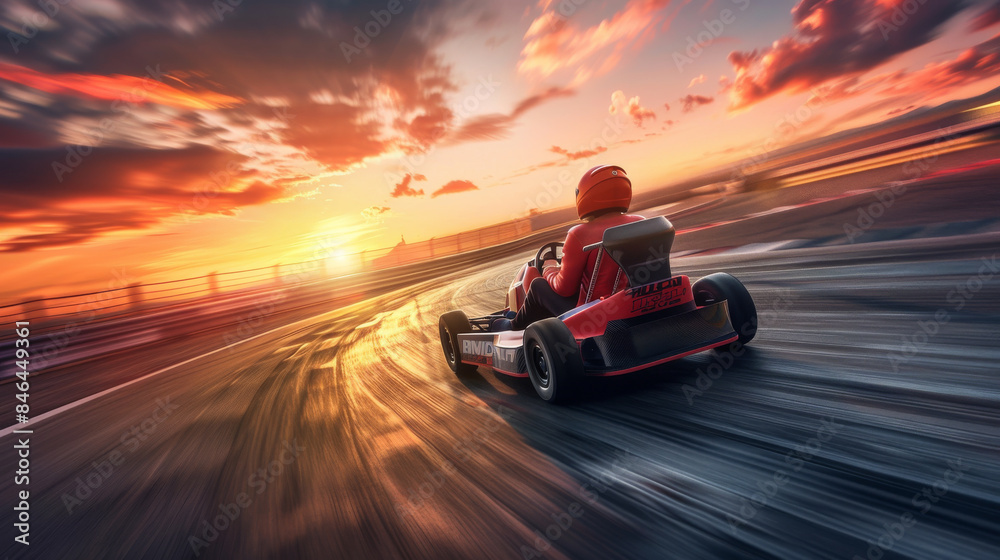A dynamic shot captures a go-kart racer speeding around a corner at sunset, with vibrant orange and pink skies enhancing the thrilling scene.