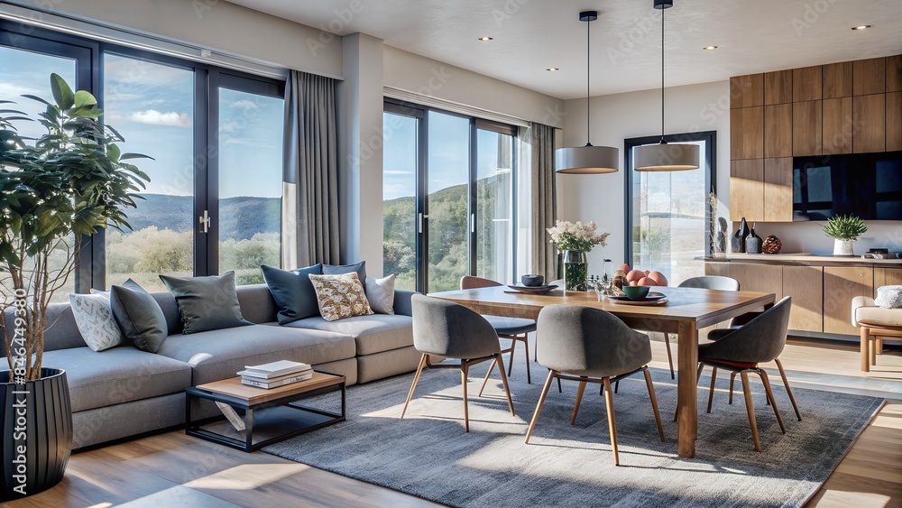 Beige Home Living Room Interior with Eating Table and Relax Zone, Window Beige Home Living Room Interior with Eating Table and Relax Zone, Window